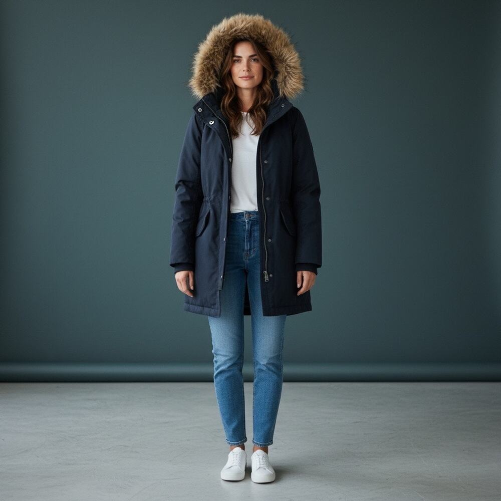 A&F Ultra Parka navy winter coat extra small faux-fur hood clinched waist 3-way - Picture 2 of 11